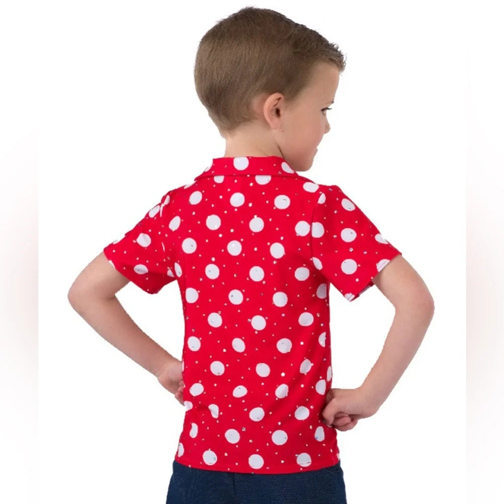 Choo Choo Guy Red Polka Dot Dance Top and Navy Pants, Small Adult